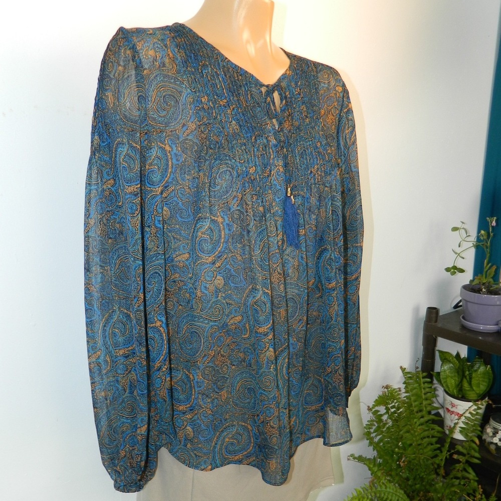 Rose & Olive Peasant Blouse Women XL Teal Gold Paisley Tassel Tie Neck Pleated